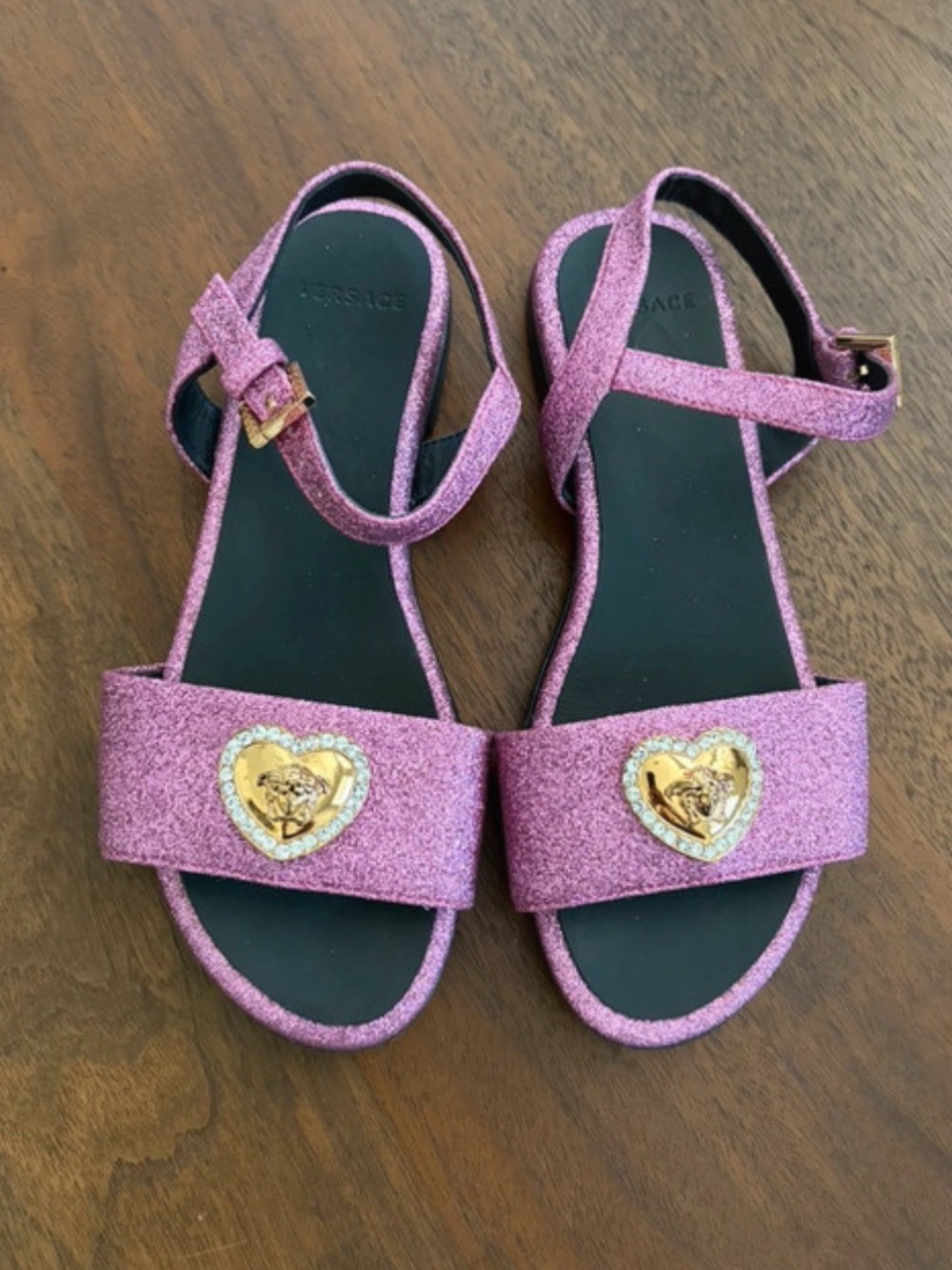 Versace Kids Glitter Pink Heart Medusa Buckle Sandals